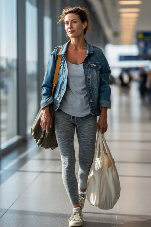 A woman over 40 wears a lightweight denim jacket layered over a simple t-shirt and leggings, styled with sneakers and a tote bag