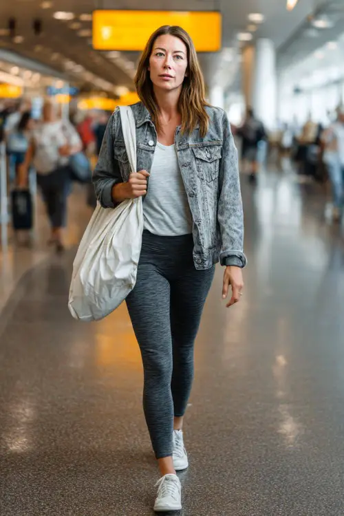 A woman over 40 wears a lightweight denim jacket layered over a simple t-shirt and leggings, styled with sneakers and a tote bag
