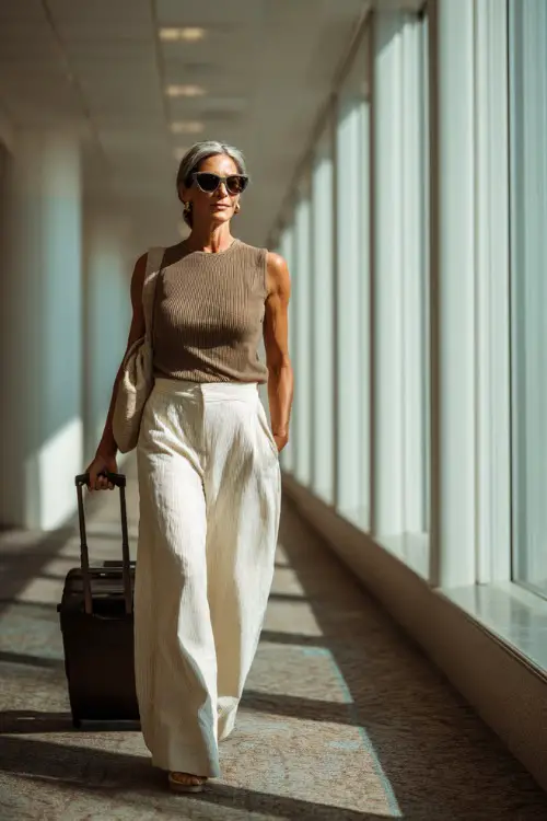 A woman over 40 wears a lightweight knit top with high-waisted wide-leg pants, paired with comfortable flats and oversized sunglasses 