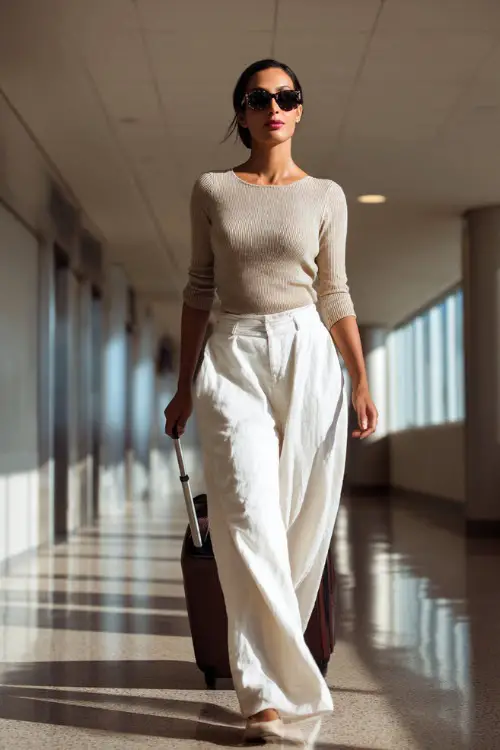 A woman over 40 wears a lightweight knit top with high-waisted wide-leg pants, paired with comfortable flats and oversized sunglasses 