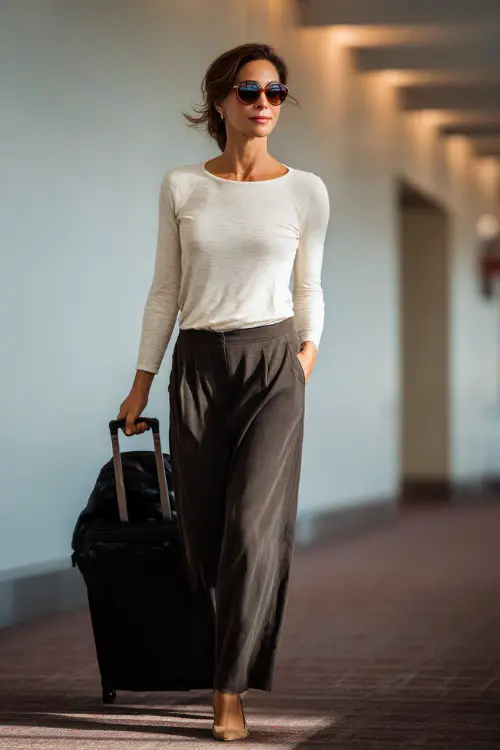 A woman over 40 wears a lightweight knit top with high-waisted wide-leg pants, paired with comfortable flats and oversized sunglasses