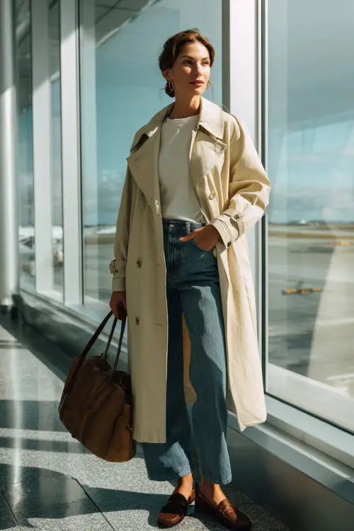 A woman over 40 wears a lightweight trench coat over a simple top and straight-leg jeans, styled with loafers and a structured tote 