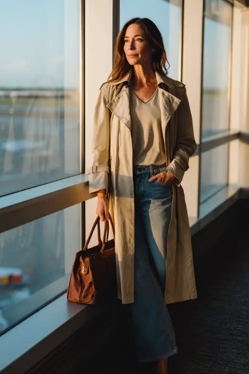 A woman over 40 wears a lightweight trench coat over a simple top and straight-leg jeans, styled with loafers and a structured tote
