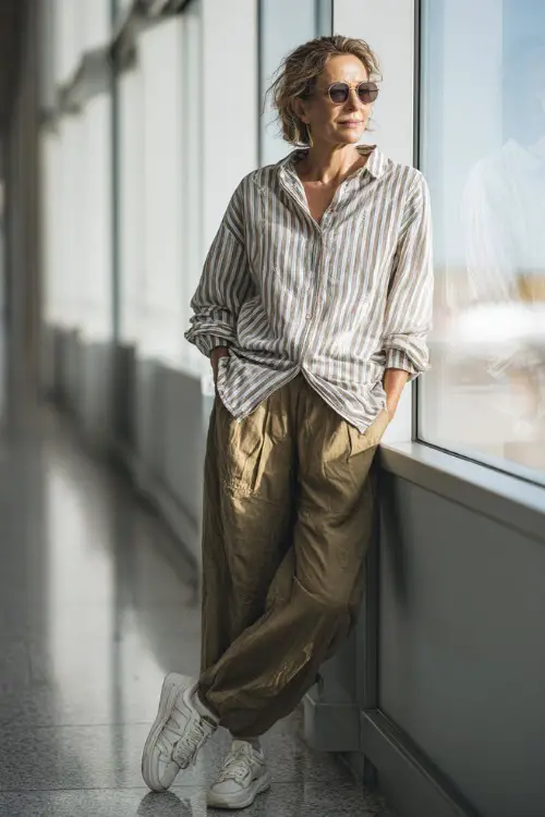 A woman over 40 wears a loose striped shirt tucked into relaxed pants, paired with white sneakers and sunglasses, standing near airport windows