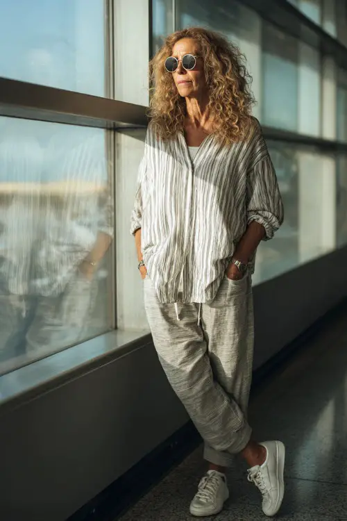 A woman over 40 wears a loose striped shirt tucked into relaxed pants, paired with white sneakers and sunglasses