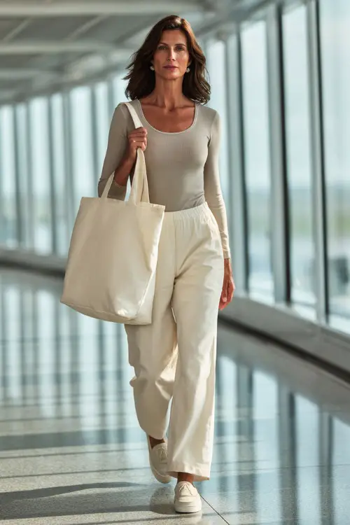 A woman over 40 wears a monochrome neutral outfit with a fitted top and relaxed trousers, styled with slip-on shoes and a structured tote bag 