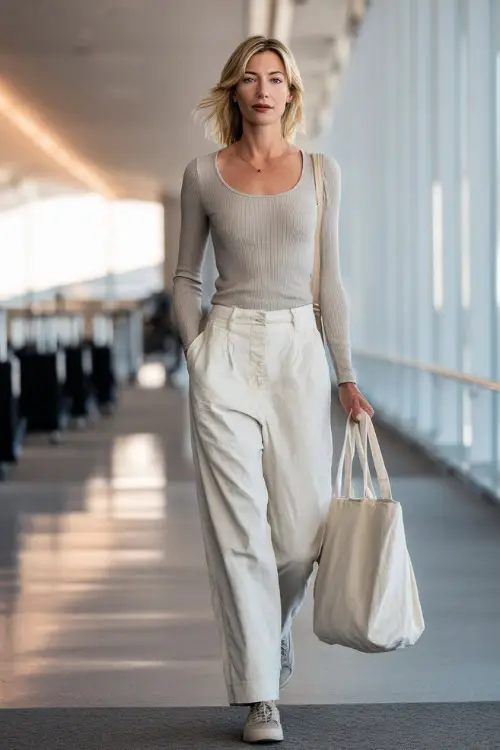 A woman over 40 wears a monochrome neutral outfit with a fitted top and relaxed trousers, styled with slip-on shoes and a structured tote bag