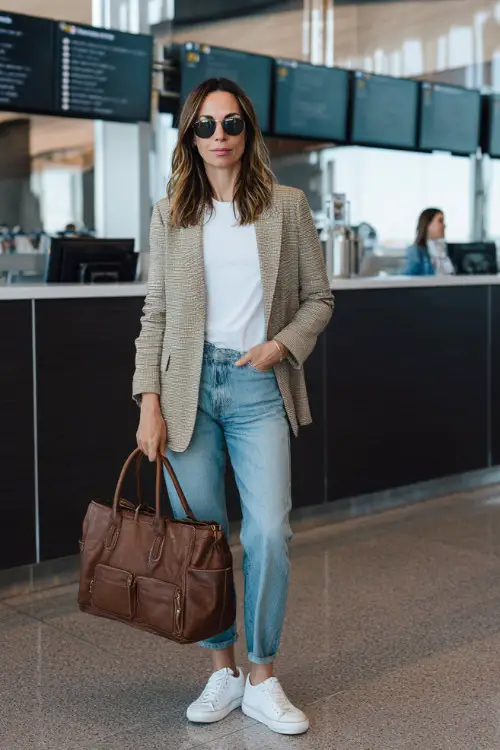 A woman over 40 wears a relaxed blazer layered over a simple t-shirt and straight-leg jeans, styled with white sneakers and a leather handbag 