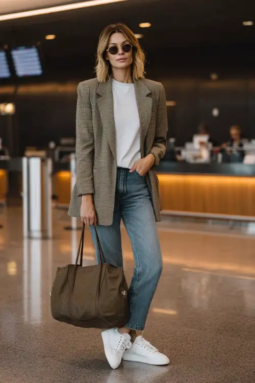 A woman over 40 wears a relaxed blazer layered over a simple t-shirt and straight-leg jeans, styled with white sneakers and a leather handbag