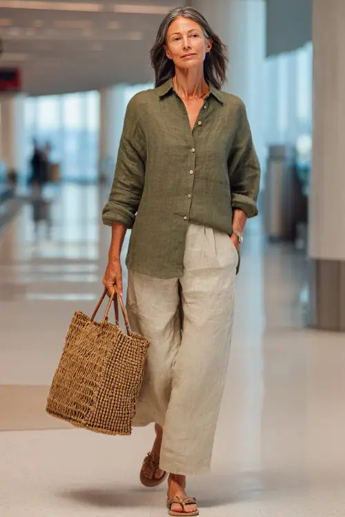 A woman over 40 wears a relaxed linen set with a loose button-down shirt and wide-leg pants, paired with flat sandals and a woven tote bag