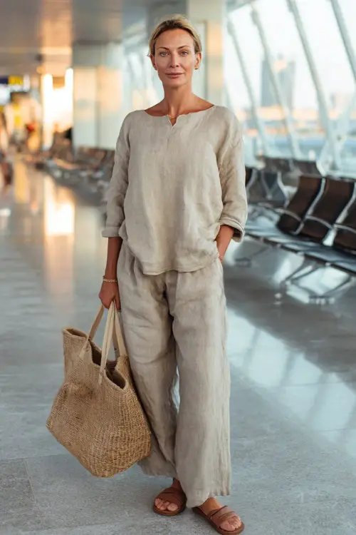 A woman over 40 wears a relaxed linen set with a loose top and wide-leg pants, paired with flat sandals and a woven tote bag, standing in an airport lounge