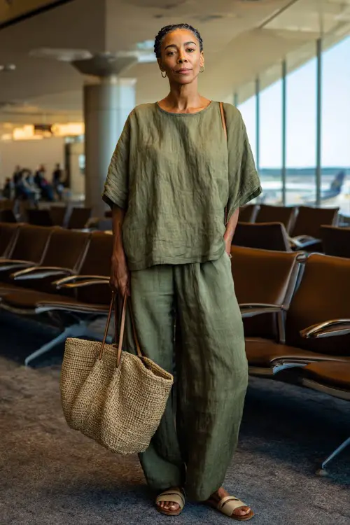 A woman over 40 wears a relaxed linen set with a loose top and wide-leg pants, paired with flat sandals and a woven tote bag
