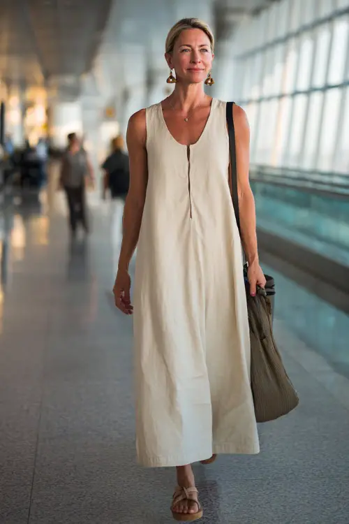 A woman over 40 wears a simple cotton maxi dress with subtle structure, styled with flat sandals and statement earrings