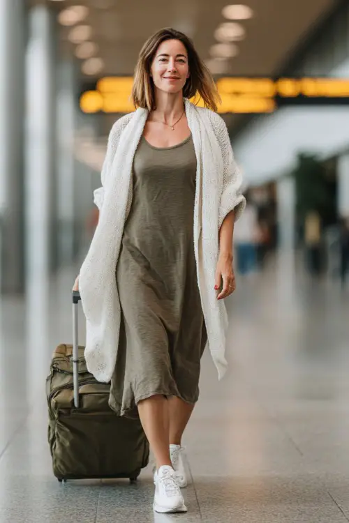 A woman over 40 wears a simple midi dress paired with white sneakers and a lightweight cardigan draped over her shoulders
