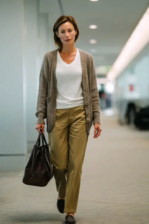 A woman over 40 wears a soft cardigan layered over a basic t-shirt and straight-leg trousers, paired with loafers and a structured handbag 