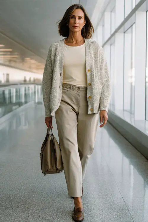 A woman over 40 wears a soft cardigan layered over a basic t-shirt and straight-leg trousers, paired with loafers and a structured handbag