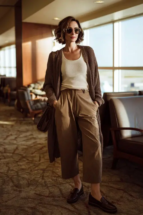 A woman over 40 wears a soft cardigan layered over a tank top and high-waisted trousers, paired with loafers and a crossbody bag, standing in an airport lounge 