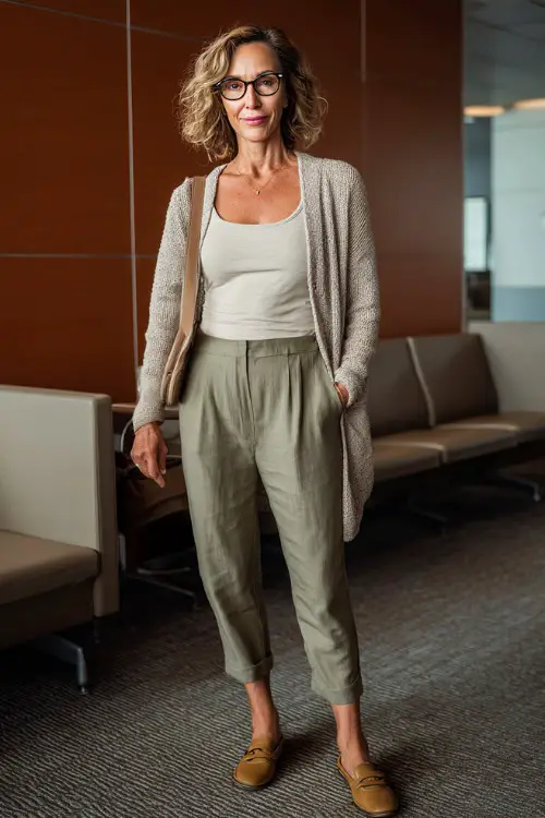 A woman over 40 wears a soft cardigan layered over a tank top and high-waisted trousers, paired with loafers and a crossbody bag