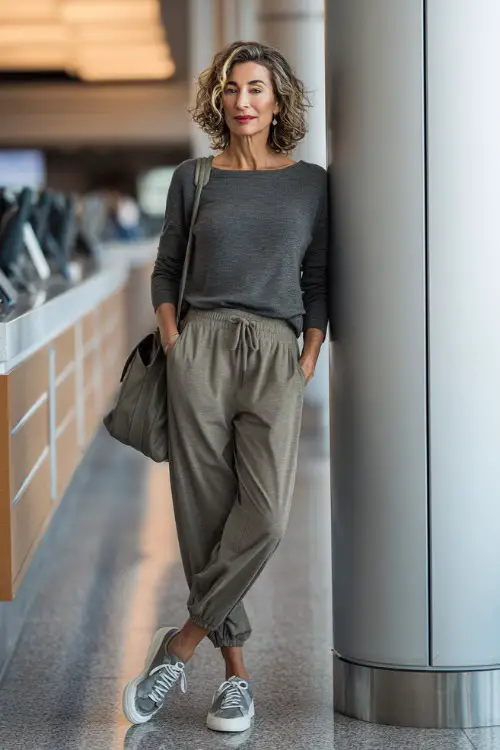 A woman over 40 wears a soft knit top with high-waisted jogger pants, styled with slip-on sneakers and a structured tote 