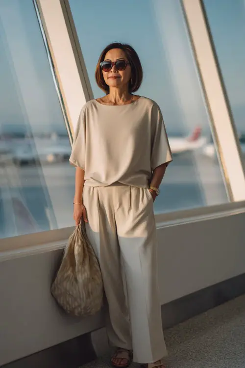 A woman over 40 wears a soft neutral co-ord set with a loose short-sleeve top and relaxed trousers