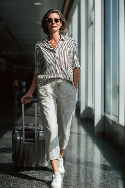 A woman over 40 wears a striped button-up shirt tucked into cropped trousers, paired with white sneakers and sunglasses