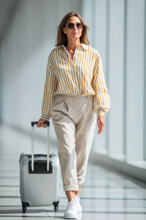 A woman over 40 wears a striped button-up shirt tucked into lightweight ankle-length trousers