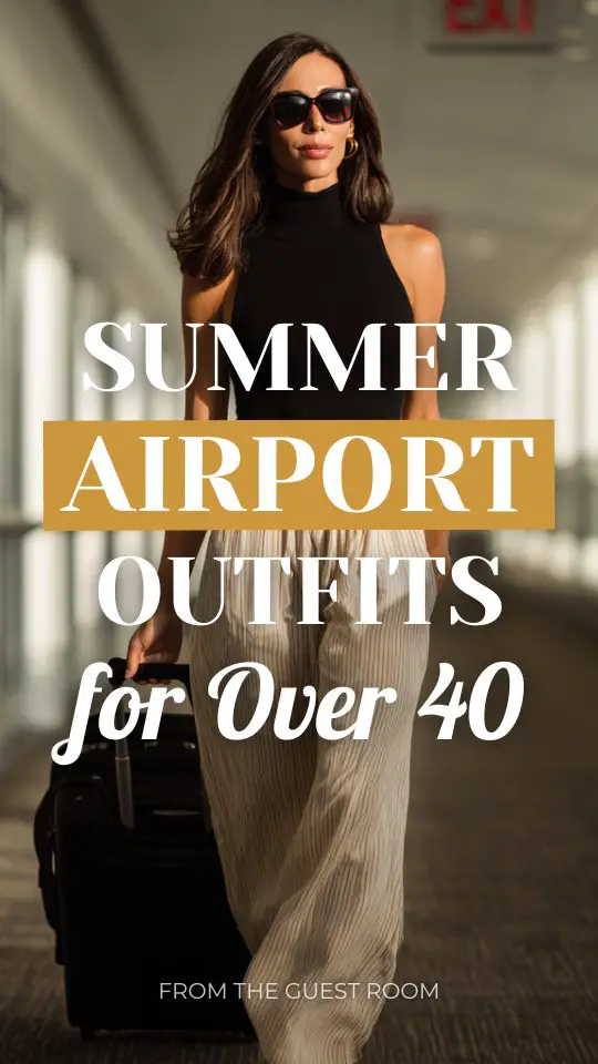A woman over 40 wears a summer airport outfit with a fitted sleeveless top with high-waisted flowy pants, paired with flat sandals and oversized sunglasses (1)