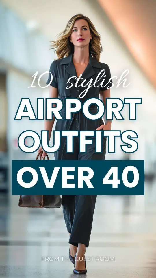 A woman over 40 wears an airport outfit with a tailored jumpsuit with a defined waist, styled with low heels and a leather handbag