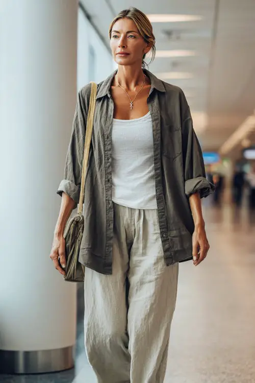 A woman over 40 wears an oversized button-down shirt layered over a tank top and relaxed trousers, paired with flat sandals and a crossbody bag 