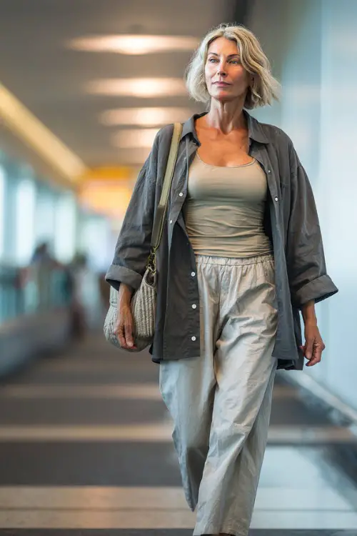 A woman over 40 wears an oversized button-down shirt layered over a tank top and relaxed trousers, paired with flat sandals and a crossbody bag