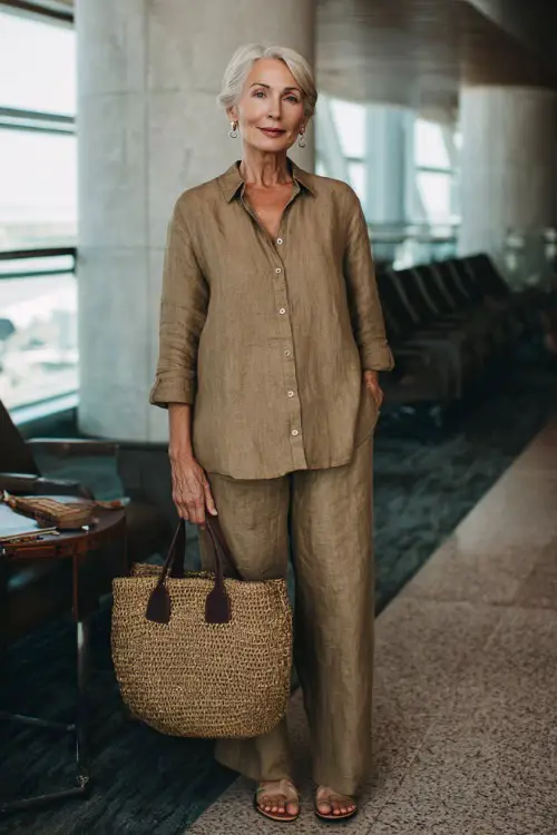 A woman over 50 wears a breathable linen set with a loose button-down shirt and matching pants, styled with flat sandals and a woven tote bag