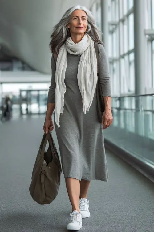 A woman over 50 wears a breathable midi dress styled with white sneakers and a light scarf, carrying a tote bag while moving through an airy airport space 