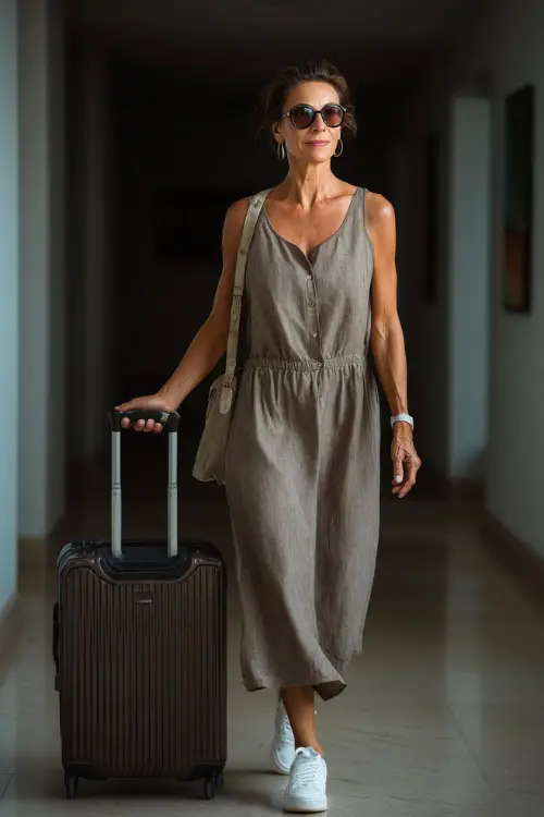 A woman over 50 wears a breathable midi dress with a defined waist, paired with low-profile sneakers and oversized sunglasses 