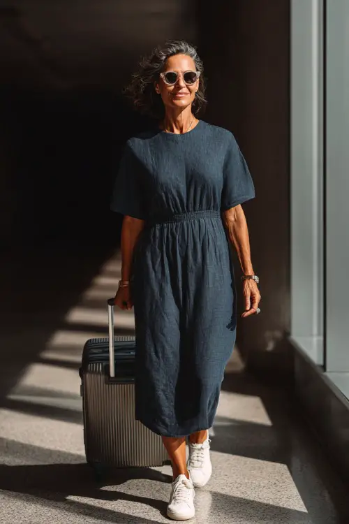 A woman over 50 wears a breathable midi dress with a defined waist, paired with low-profile sneakers and oversized sunglasses 