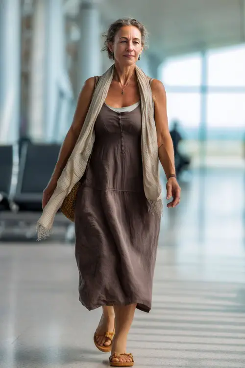 A woman over 50 wears a breathable midi dress with subtle structure, paired with flat sandals and a lightweight scarf, walking through an airy airport space