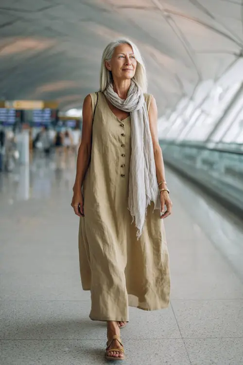 A woman over 50 wears a breathable midi dress with subtle structure, paired with flat sandals and a lightweight scarf, walking through an airy airport space