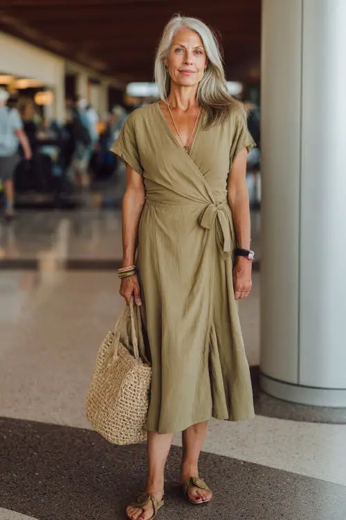 A woman over 50 wears a breathable wrap dress that defines the waist, paired with flat sandals and a woven bag 