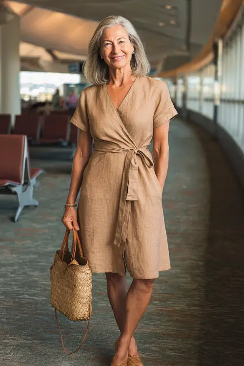 A woman over 50 wears a breathable wrap dress that defines the waist, paired with flat sandals and a woven bag