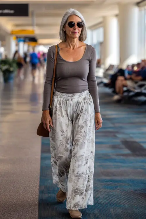 A woman over 50 wears a fitted long-sleeve top with wide-leg flowy pants, paired with comfortable flats and oversized sunglasse