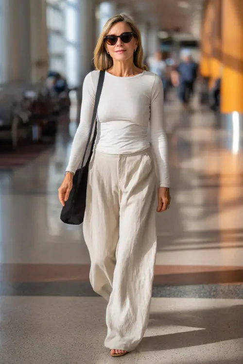 A woman over 50 wears a fitted long-sleeve top with wide-leg flowy pants, paired with comfortable flats and oversized sunglasses