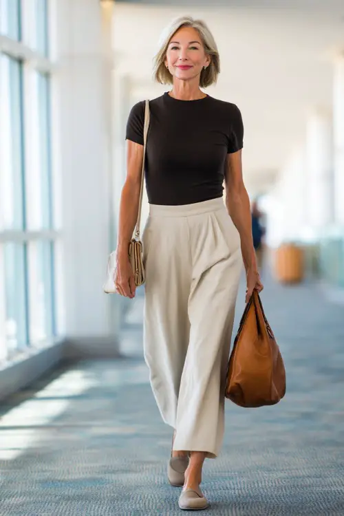 A woman over 50 wears a fitted short-sleeve top with high-waisted wide-leg pants, paired with comfortable slip-on shoes and a leather handbag 