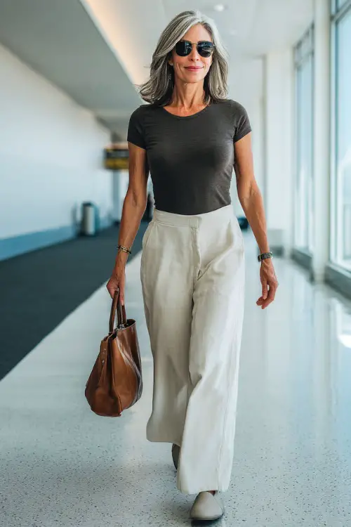A woman over 50 wears a fitted short-sleeve top with high-waisted wide-leg pants, paired with comfortable slip-on shoes and a leather handbag