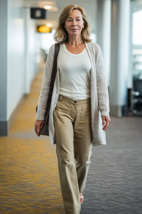 A woman over 50 wears a lightweight cardigan layered over a simple t-shirt and straight-leg pants, paired with comfortable flats and a crossbody bag 
