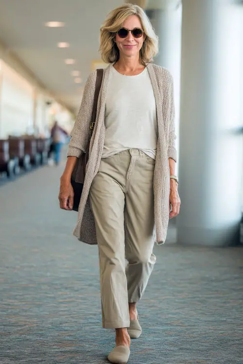A woman over 50 wears a lightweight cardigan layered over a simple t-shirt and straight-leg pants, paired with comfortable flats and a crossbody bag