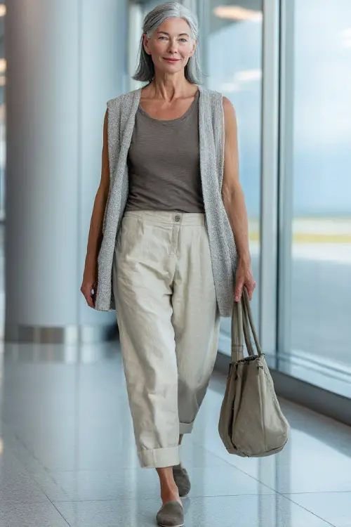 A woman over 50 wears a lightweight cardigan layered over a sleeveless top and cropped trousers, paired with comfortable flats and a structured tote 