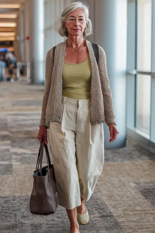 A woman over 50 wears a lightweight cardigan layered over a sleeveless top and cropped trousers, paired with comfortable flats and a structured tote