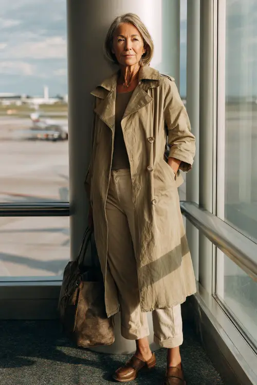 A woman over 50 wears a lightweight trench coat layered over a simple top and straight-leg jeans, styled with loafers and a structured handbag 