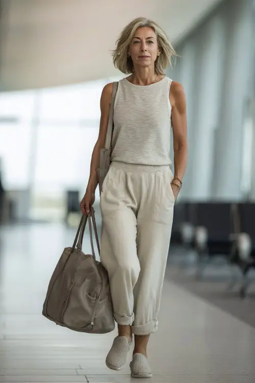 A woman over 50 wears a monochrome neutral outfit with a fitted top and relaxed trousers, styled with slip-on shoes and a structured tote bag 