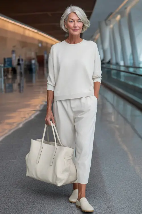 A woman over 50 wears a monochrome neutral outfit with a fitted top and relaxed trousers, styled with slip-on shoes and a structured tote bag