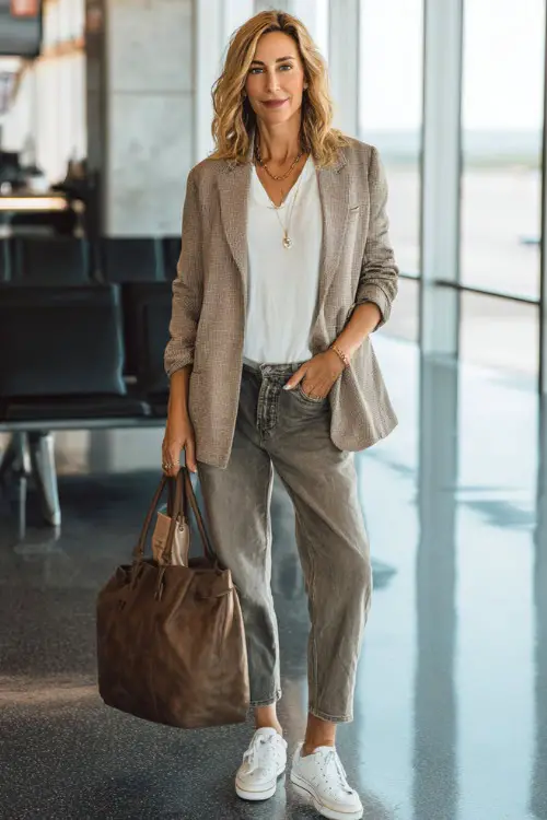 A woman over 50 wears a relaxed blazer layered over a simple t-shirt and straight-leg jeans, styled with white sneakers and a leather handbag